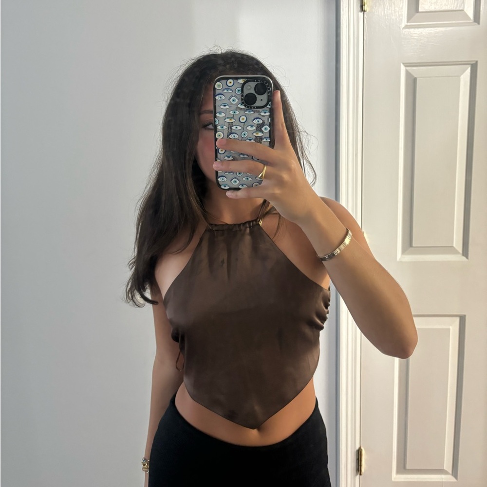 Garage XS Brown Cropped Silk Top